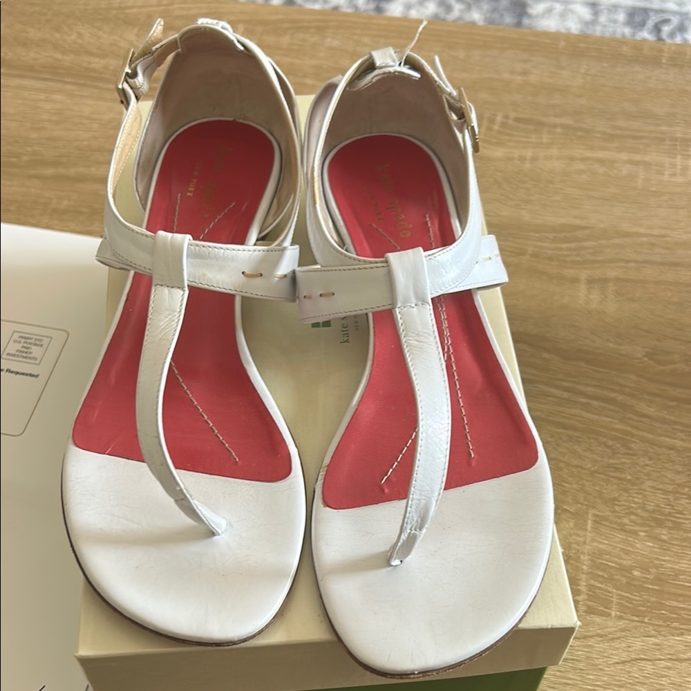 Kate Spade White Fortune Calf T-Strap Sandals